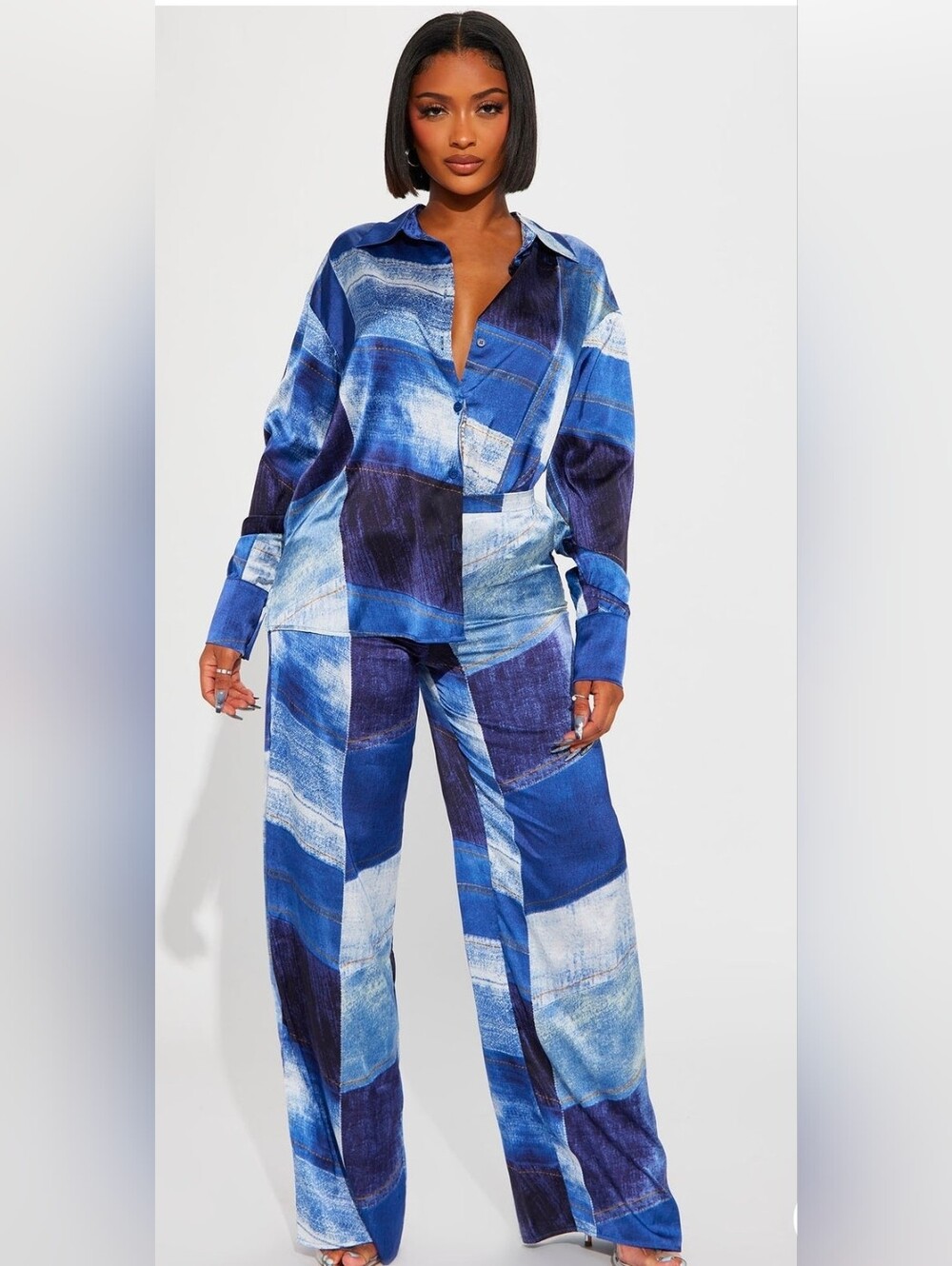 Blue Patchwork Wide-Leg Pants - Women's Two-Piece Set